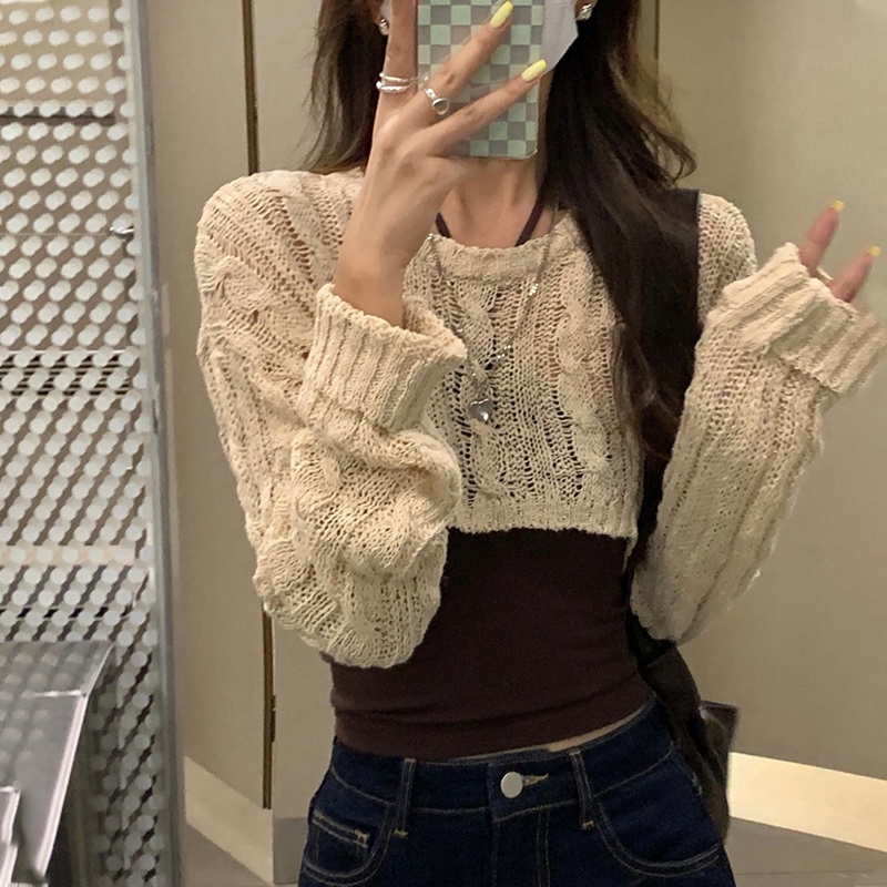 【ZHELIHANGFEI】Áo Sweater Dệt Kim Tay Dài Lưng Cao Thiết Kế Quyến Rũ Cho Nữ