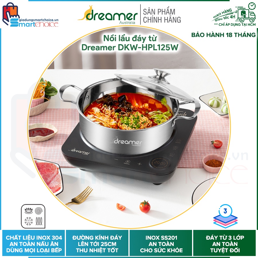 Nồi lẩu đáy từ Dreamer DKW-HPL125W 3 lớp, Dày 2.5mm, Dùng được bếp từ, Nắp kính cường lực, Hàng chính hãng
