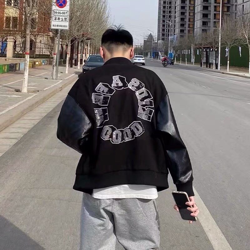 [ Ảnh Thật ] Áo Bomber - Jacket Varsity Tay Da Đính Đá Hàng Loại 1