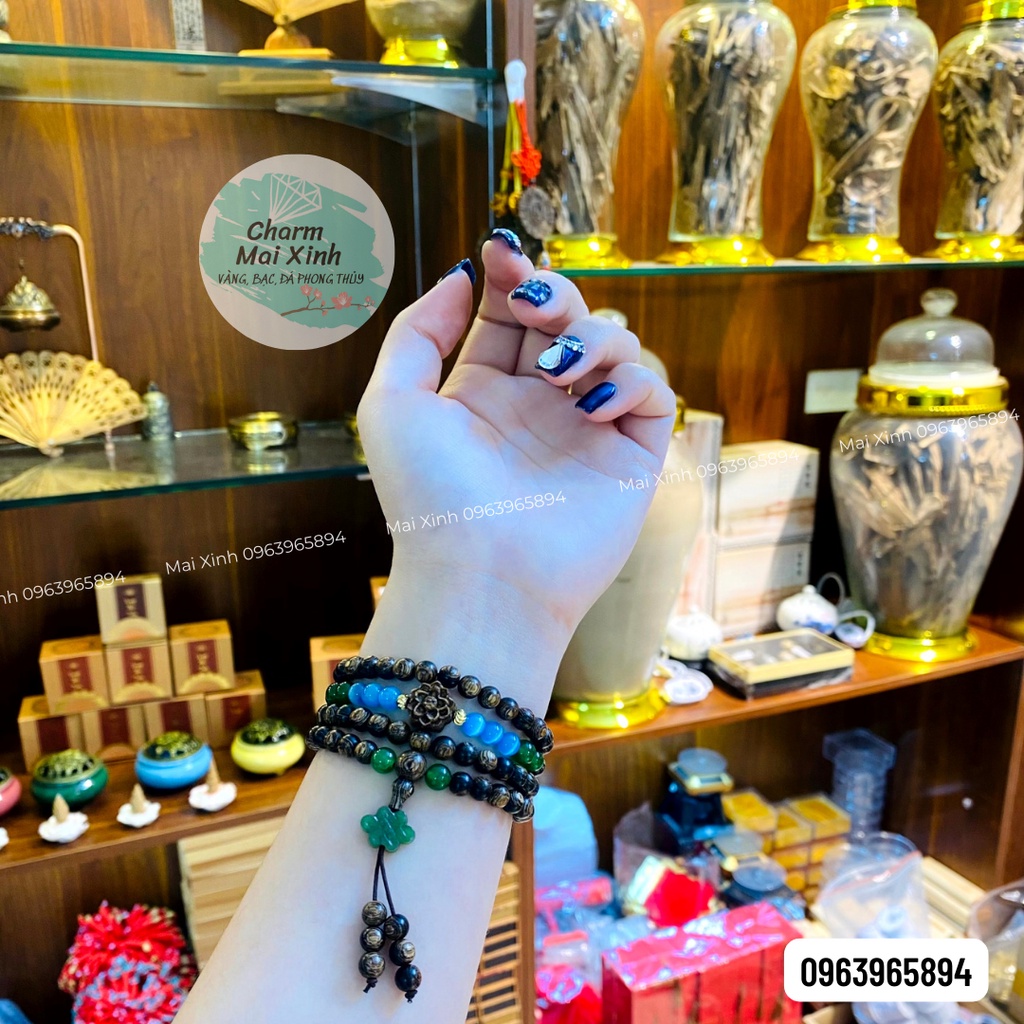 Chuỗi Trầm Hương Sánh chìm 96 hạt 6mm phối Hoa Sen Trầm và Ngoc bích - đá - Vòng Tay Hoa Gỗ tự nhiên Nam Nữ phong thuỷ