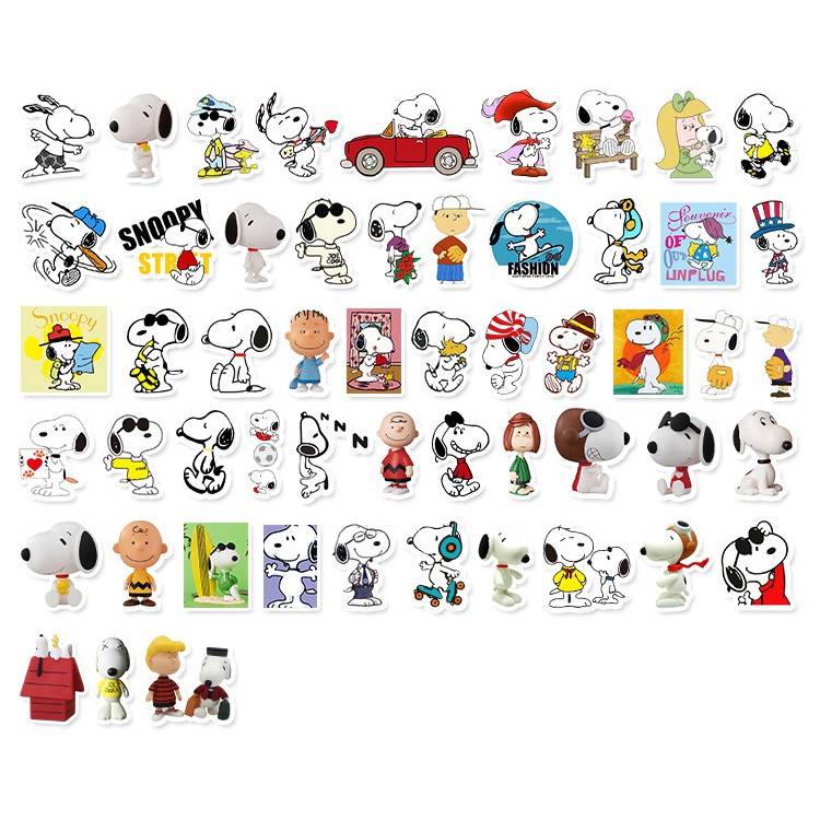 [Set 54 Cái] Sticker hình chú chó Snoopy vui vẻ dán trang trí laptop, mũ bảo hiểm, vali, xe tay ga, ván trượt - DB.041