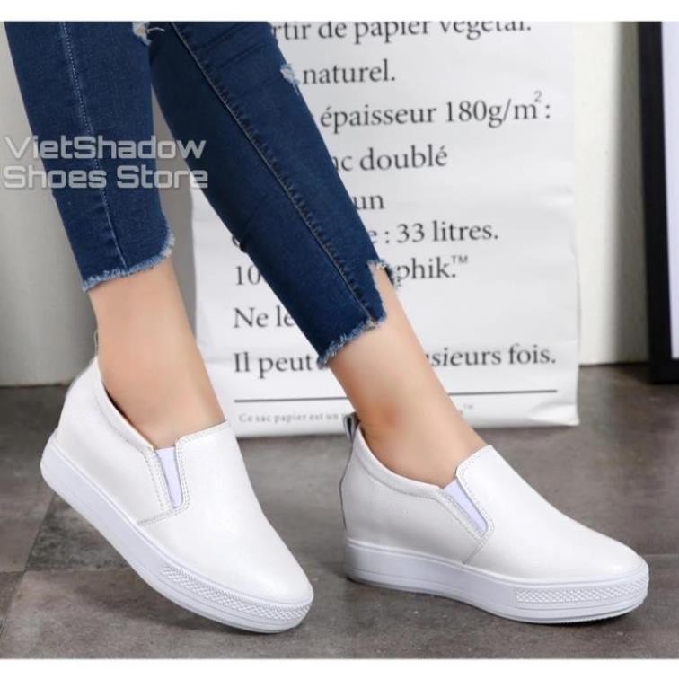 Slip on da nữ đế xuồng - Giày lười da nữ độn đế - Chất liệu da bò màu (trắng) và (đen) - Mã SP: 9909 -h91