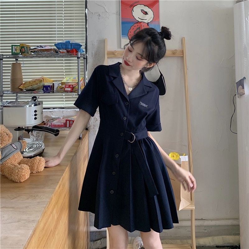 COZOK Đầm Tay Ngắn Cổ Vest Thiết Kế Đơn Giản Hợp Thời Trang