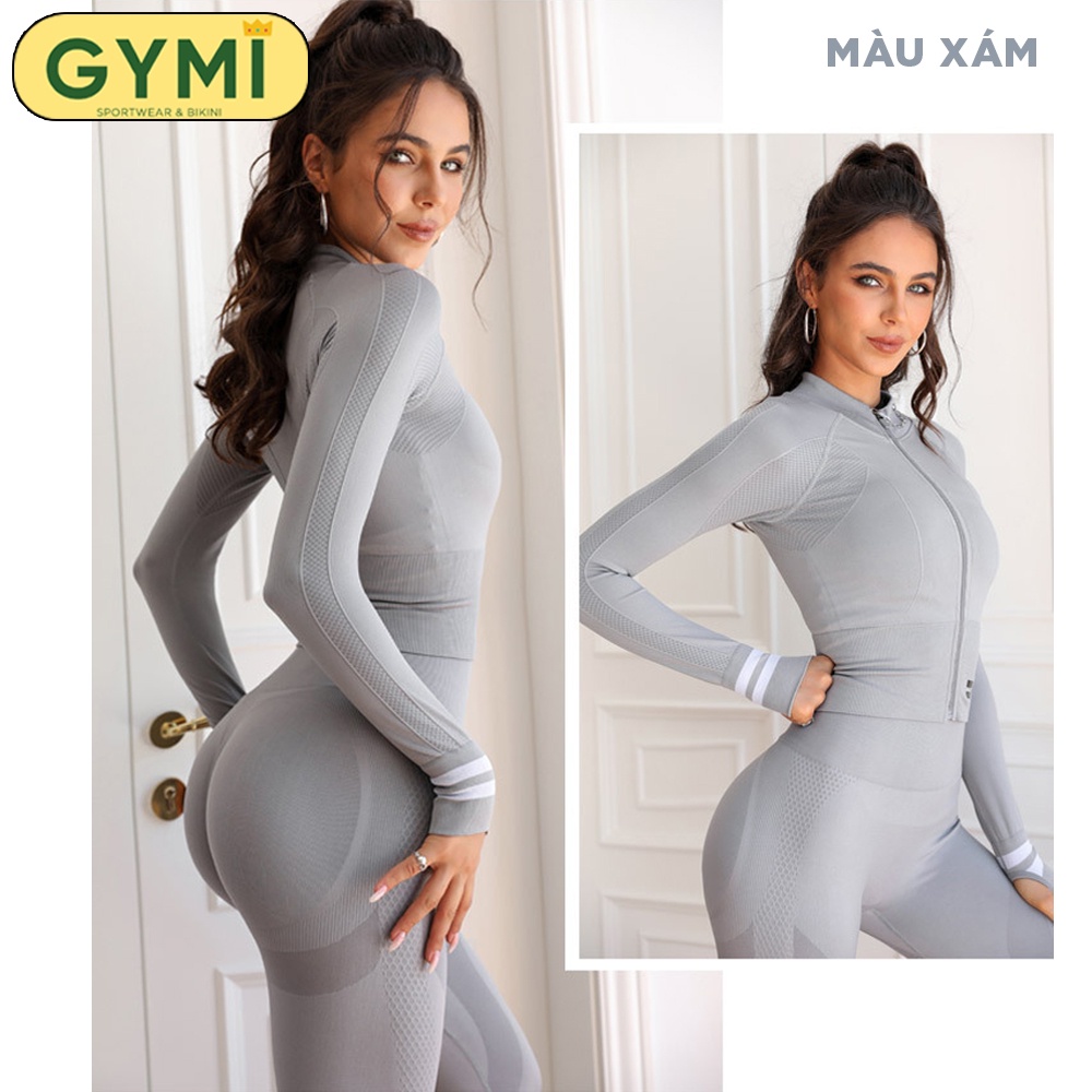 Set bộ đồ tập gym yoga nữ GYMI SET21 gồm áo khoác thể thao và quần legging chun mông chất dệt cao cấp