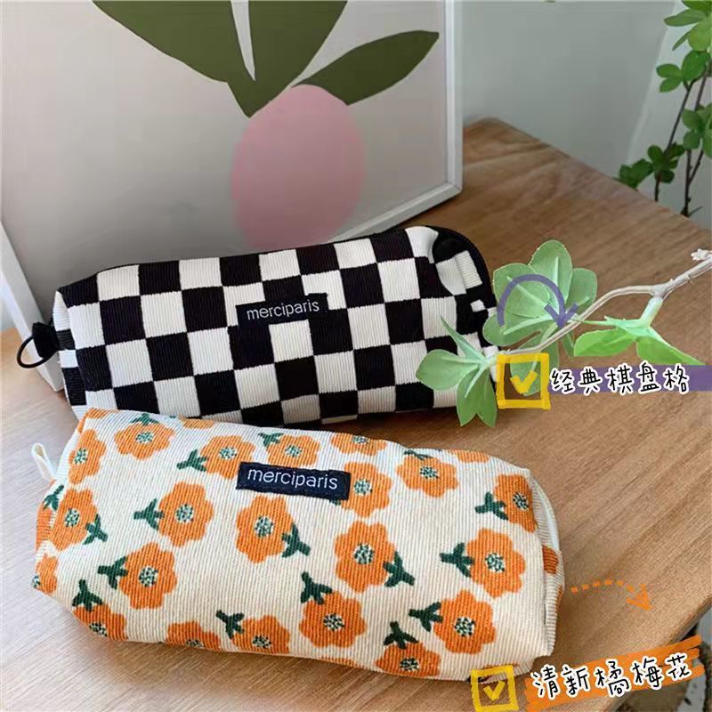Túi Đựng Bút Vải Nhung Kẻ Cỡ Lớn Họa Tiết Hoa Cổ Điển Cho Học Sinh Ốp