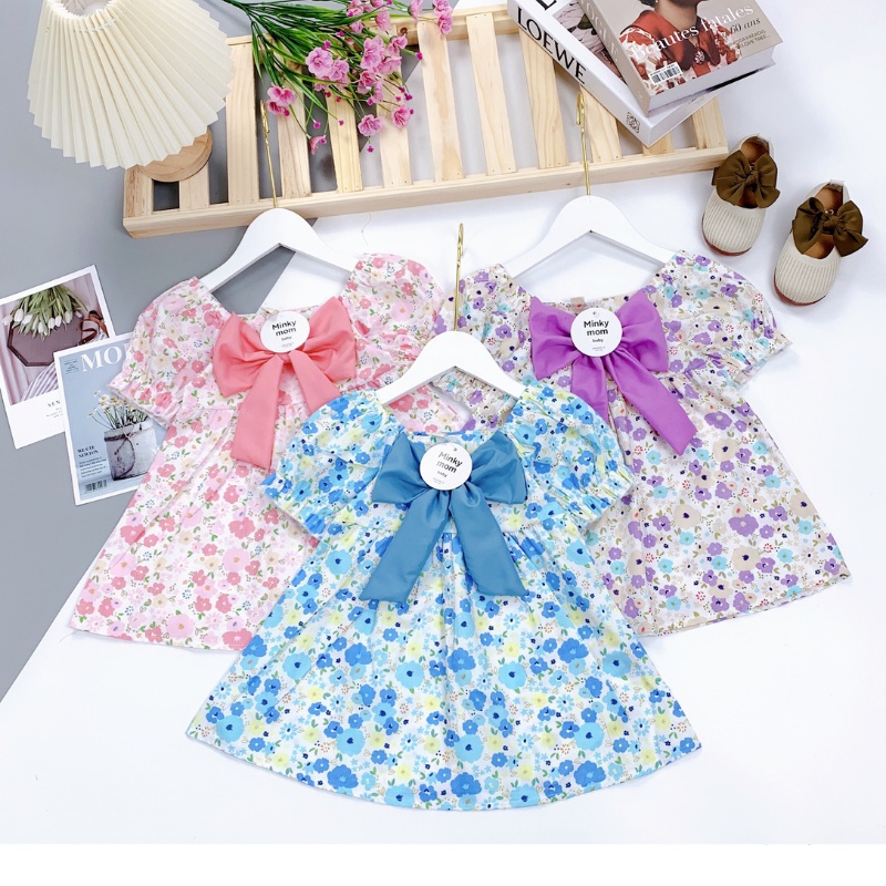 Váy cho bé gái dáng xòe công chúa chất thô hoa lụa xịn sò, đầm bé gái đính nơ trước cực dê thương _ V1