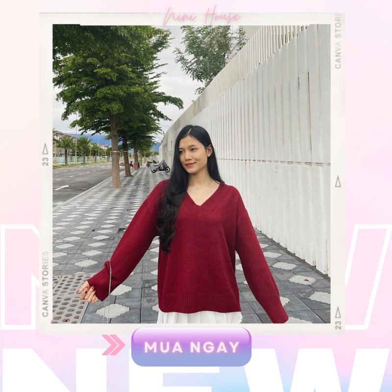 Áo len trơn cổ tim chữ v form rộng | BigBuy360 - bigbuy360.vn