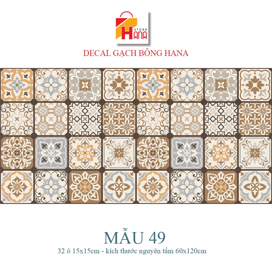 Set 48 ô 15cm hoặc 27 ô 20cm Decal gạch bông - KT 60x180cm -Mẫu 49