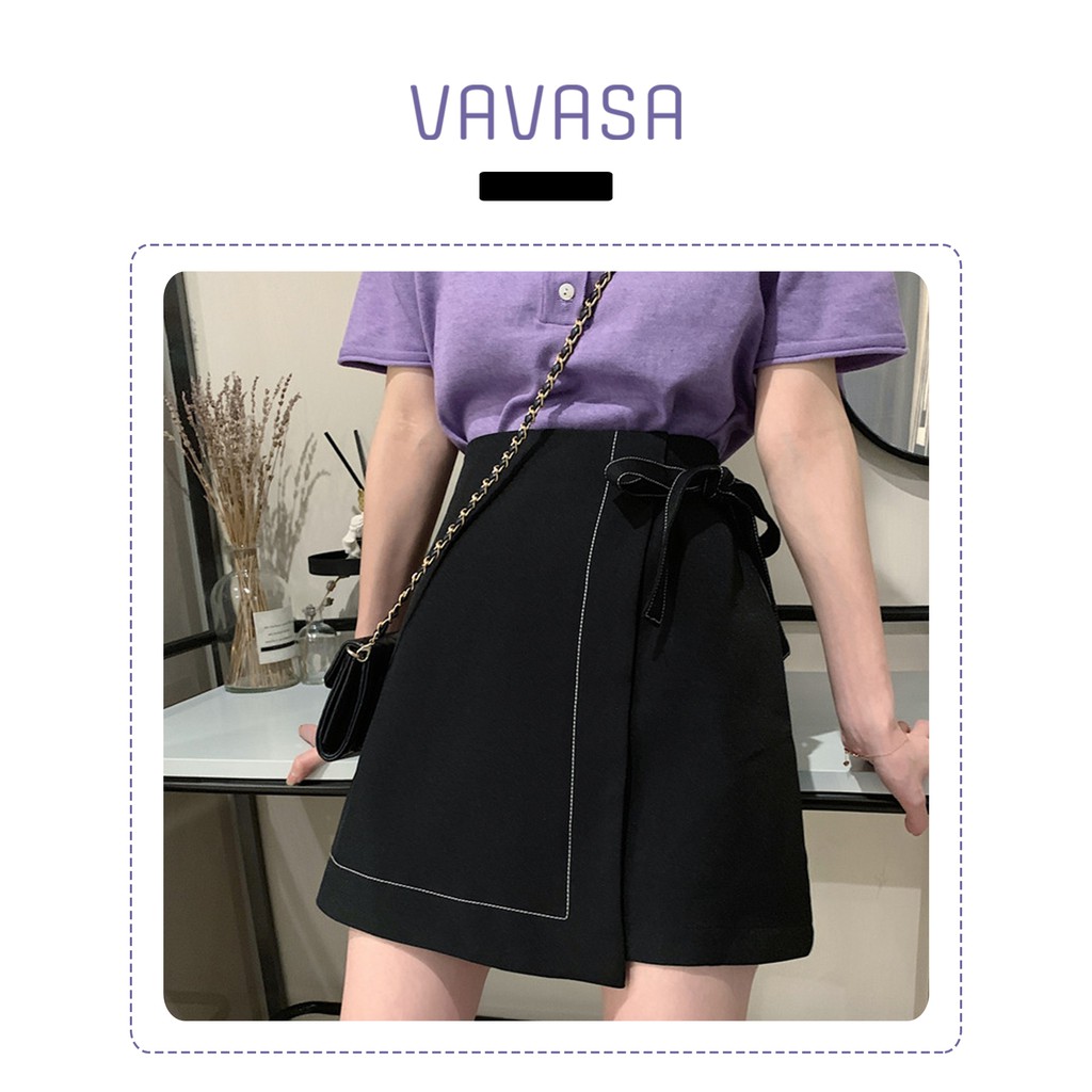 Chân váy chữ a ngắn lưng cao bigsize trơn công sở đính nơ chỉ viền trắng VAVASA CV05