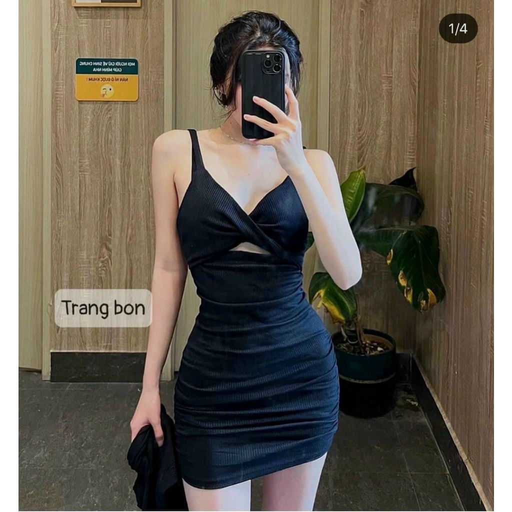 Set bộ nữ 2 món đầm 2 dây body xoắn ngực dáng ngắn kèm áo khoác hot