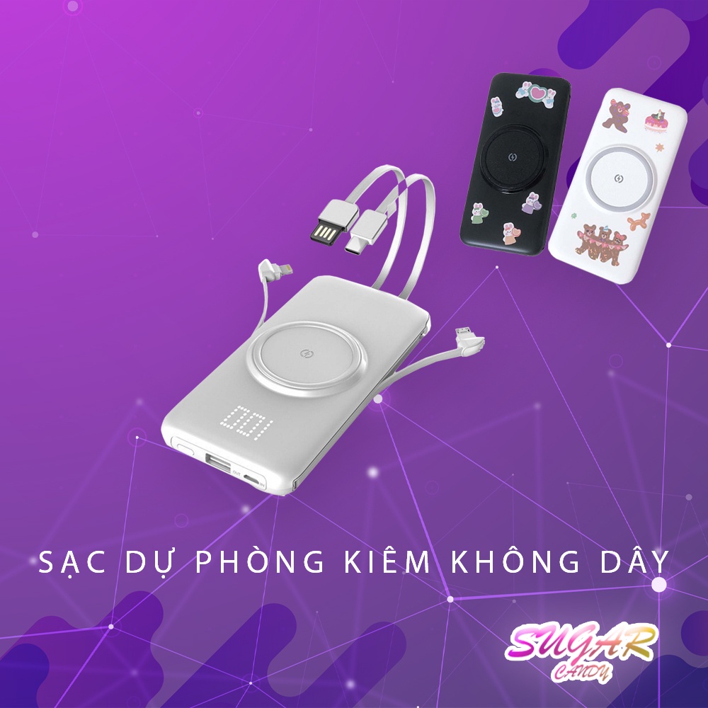 Sạc dự phòng kiêm sạc không dây 3IN1 10000mAh, 20000mAh tích hợp sẵn dây sạc cổng type C/USB/Android/Lightning | Tặng kè