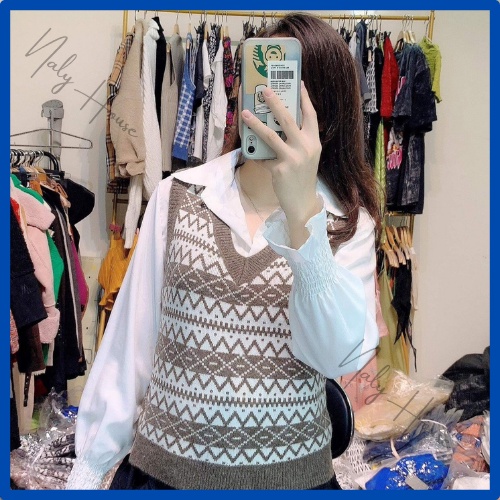 Áo gile nữ hoạ tiết thổ cẩm, Áo gile len ulzzang nữ dáng Hàn Quốc , phù hợp mọi Oufil, Bao Chất