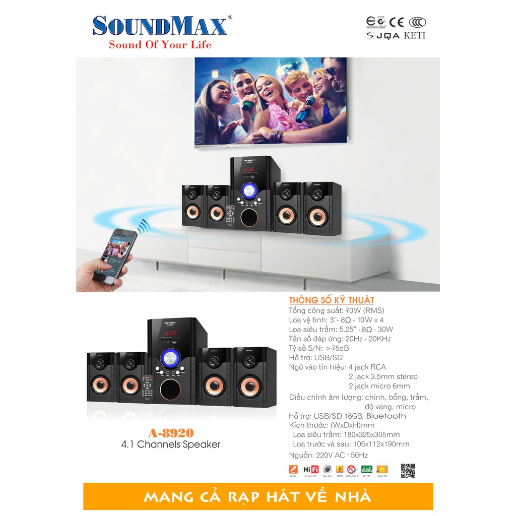 Loa SoundMax A8920 4.1 Bluetooth, Karaoke, Vi tính, Tivi,..