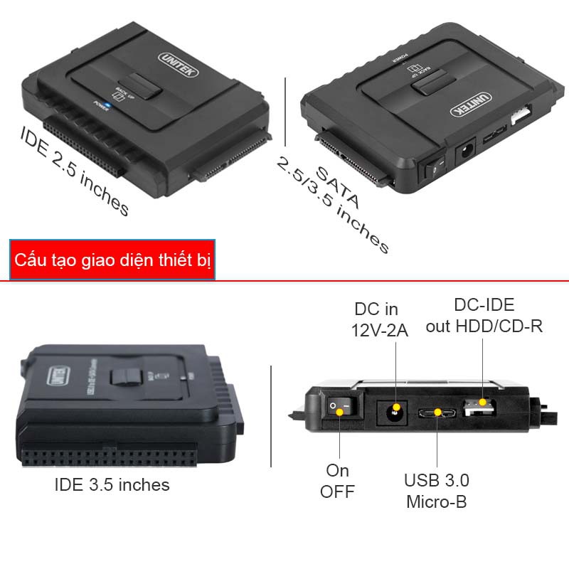 Thiết bị đọc dữ liệu Ổ cứng/HDD/SSD/DVD-R SATA/IDE 2.5/3.5 USB 3.0 hỗ trợ nguồn ngoài 12VDC-2A UNITEK Y-3322A
