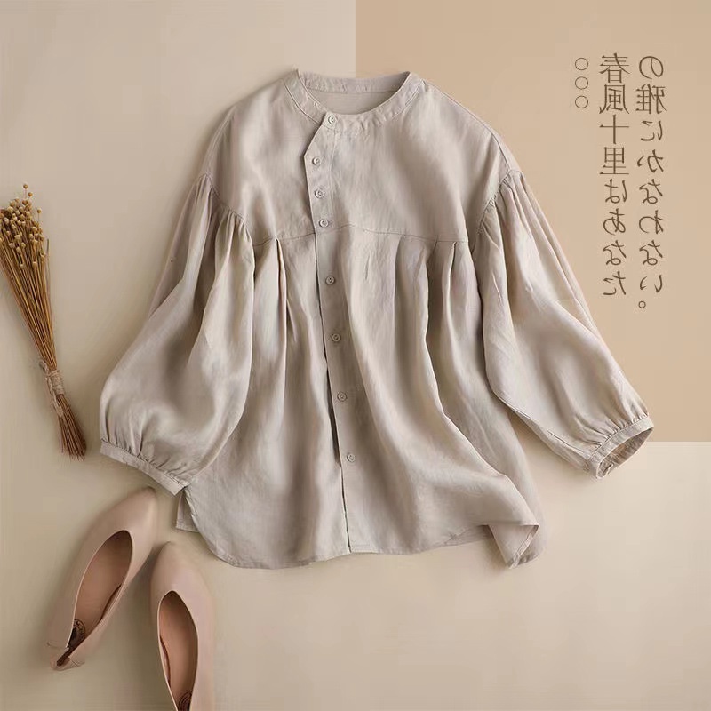 Ice linen cotton linen doll shirt lantern sleeve blouse nine-quarter sleeve brand cut label