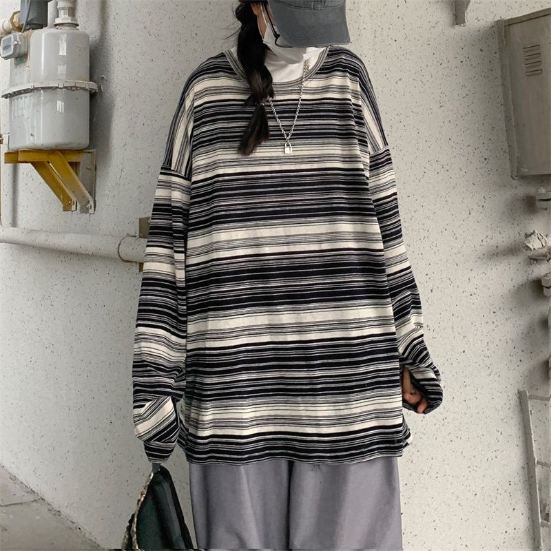 Áo Thun Tay Dài Kẻ Sọc Ngang Trẻ Trung Hợp Thời Trang  198608Áo Dáng Rộng Phong Cách Harajuku Dễ Phối Đồ Dành Cho Nam Và Nữ