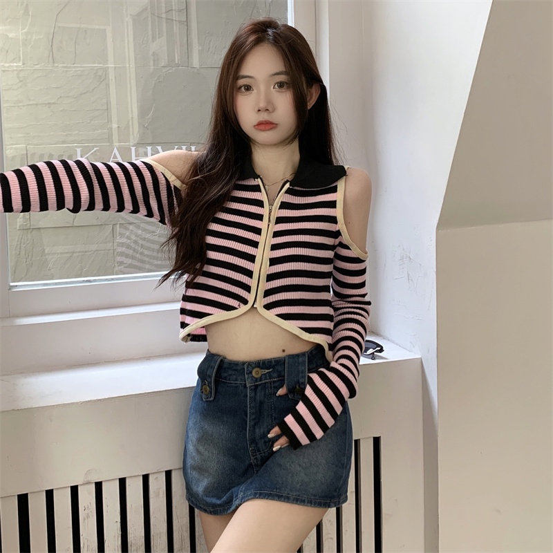 SUXI Áo Dệt Kim Tay Dài Trễ Vai Cổ Bẻ Hoạ Tiết Kẻ Sọc Phong Cách Vintage