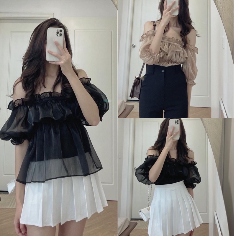 [Ảnh thật/Video] Áo Tơ Trễ Vai Suzy Ngực Bèo Nhún Sang chảnh Áo Trễ Vai Tay Bồng tiểu thư