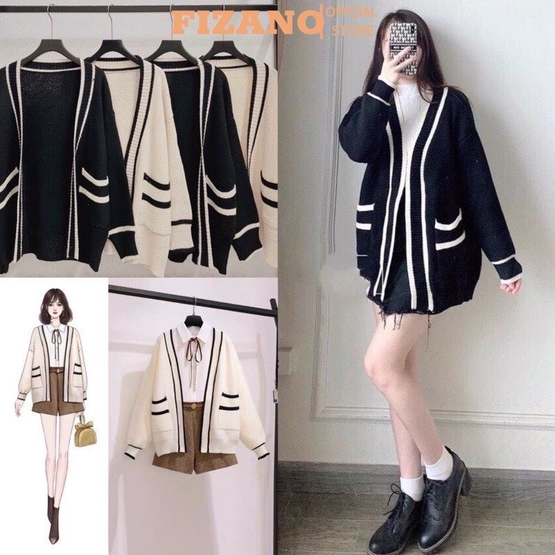Áo len nữ cardigan dệt kim dài tay phối viền bo chun tay form rộng hai màu đen trắng basic FIZANO
