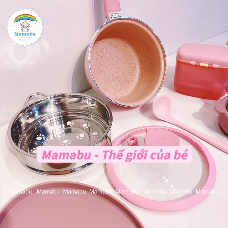 Bộ Nồi Kèm Xửng Hấp Cho Bé Ăn Dặm Hình Mèo Fashion Baby Cat Chống Dính Cao Cấp Dùng Được Mọi Loại Bếp Mamabu