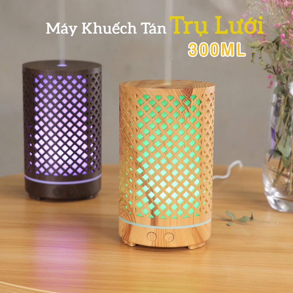 Máy Khuếch Tán Tinh Dầu Trụ Gỗ 300ml Hoa Nén - Phun sương mạnh mẽ, thiết kế sang trọng, bảo hành 1 năm