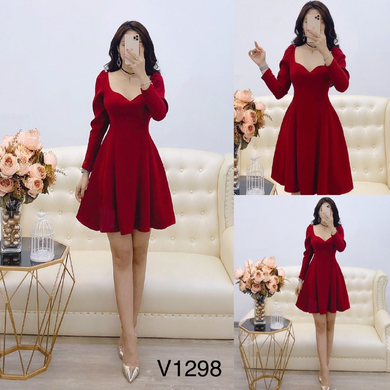 [ xả kho ] MiD Đầm đỏ xòe V1298 khoét cổ quyến rũ Mie Design kèm ảnh thật