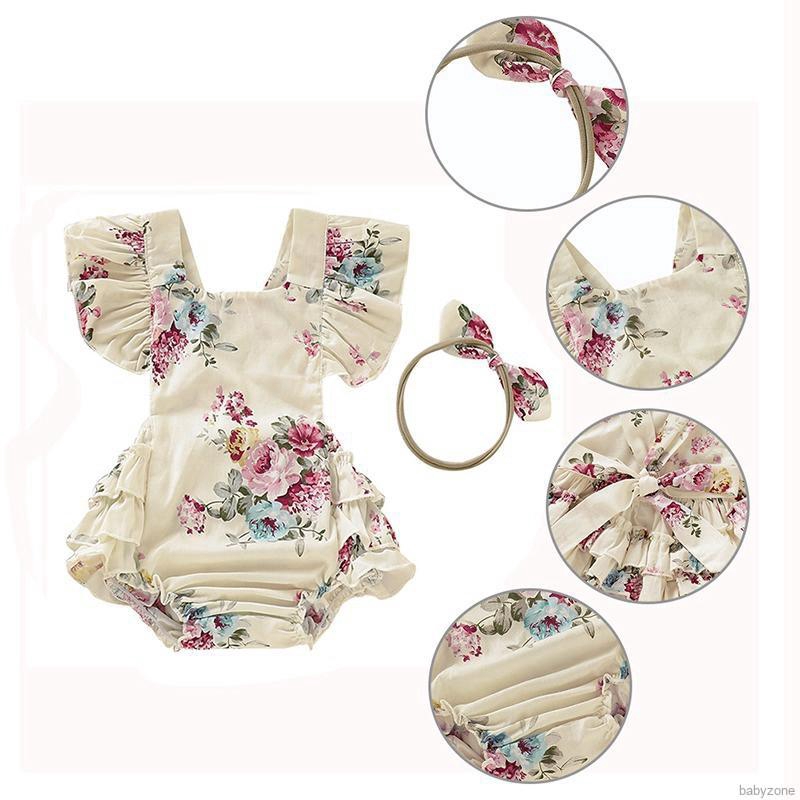 Bộ đồ áo liền thân jumpsuit tay xòe in hình hoa kèm băng đô nơ đội đầu dành cho bé gái sơ sinh