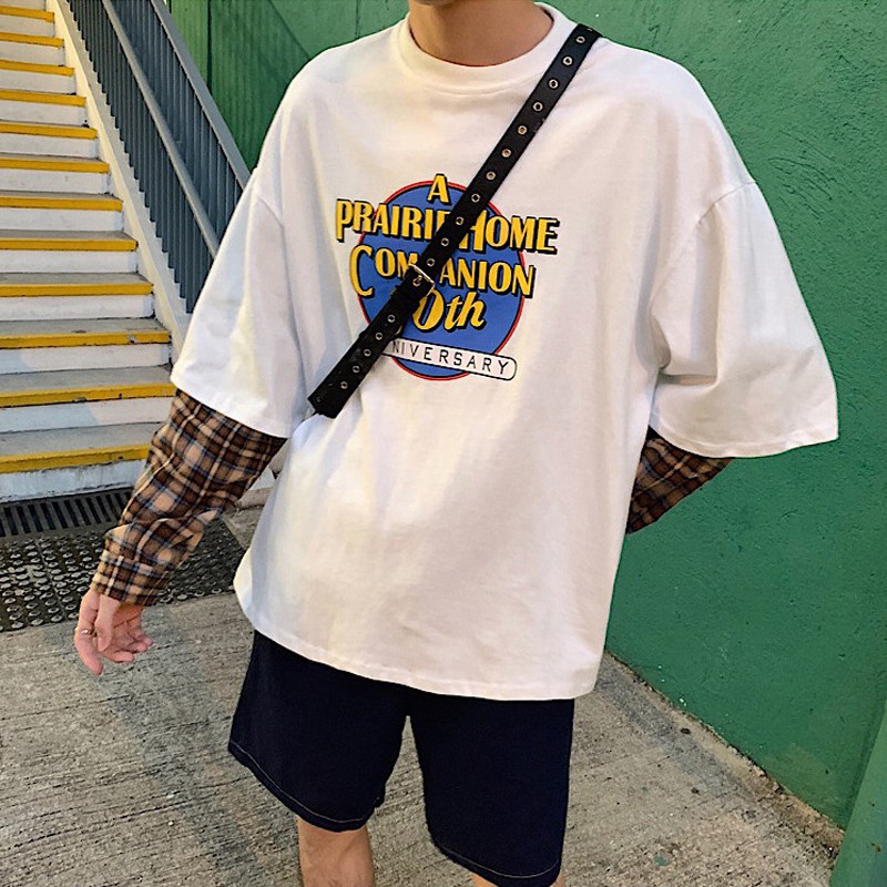Áo thun nỉ giả 2 lớp tay dài dáng rộng phối họa tiết sọc ca rô hai màu sắc phong cách hip hop hong kong cho nam và nữ