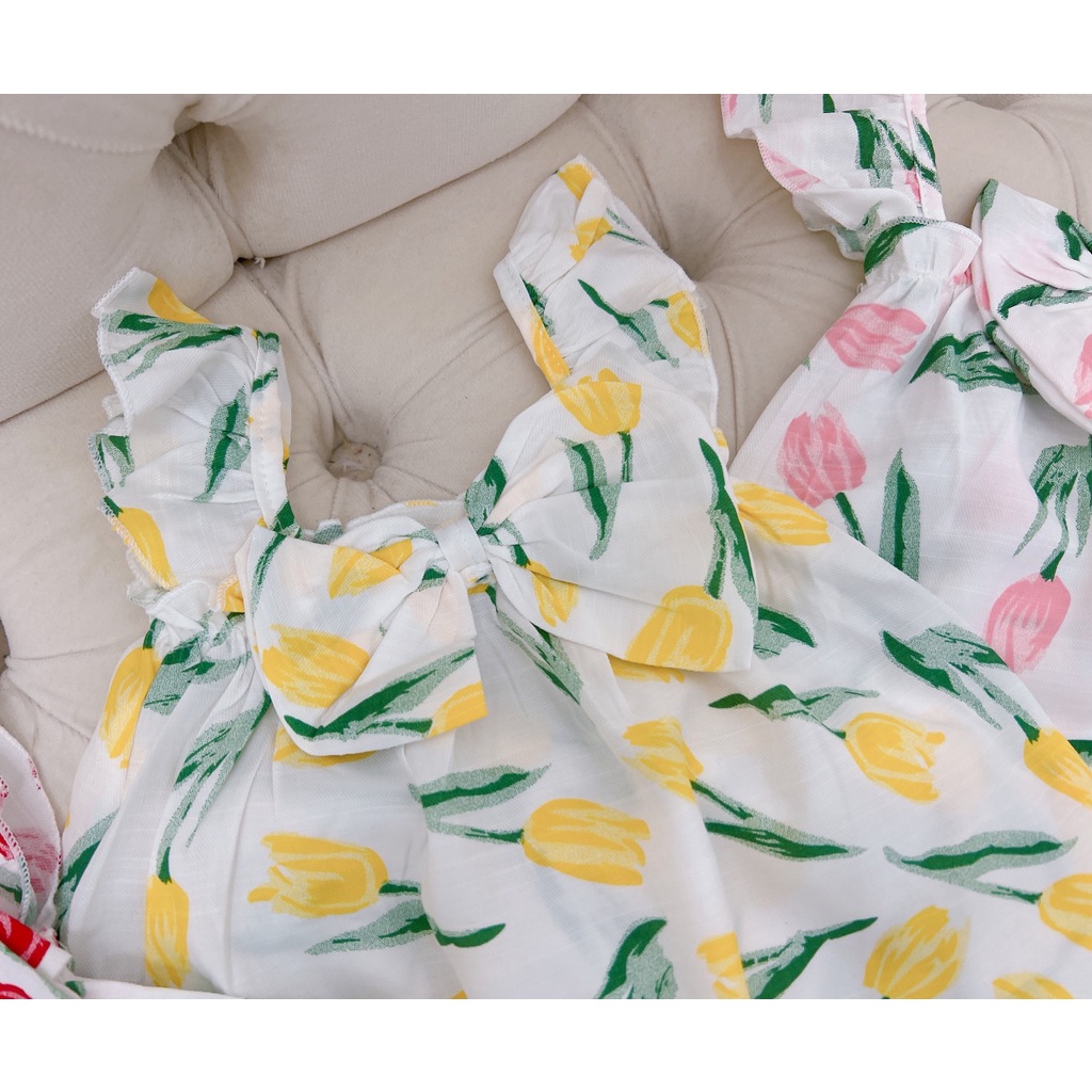 XẢ HÀNG Bộ cộc tay bé gái, bộ đũi áo cánh tiên hoa Tuylip nơ trước ngực cho bé