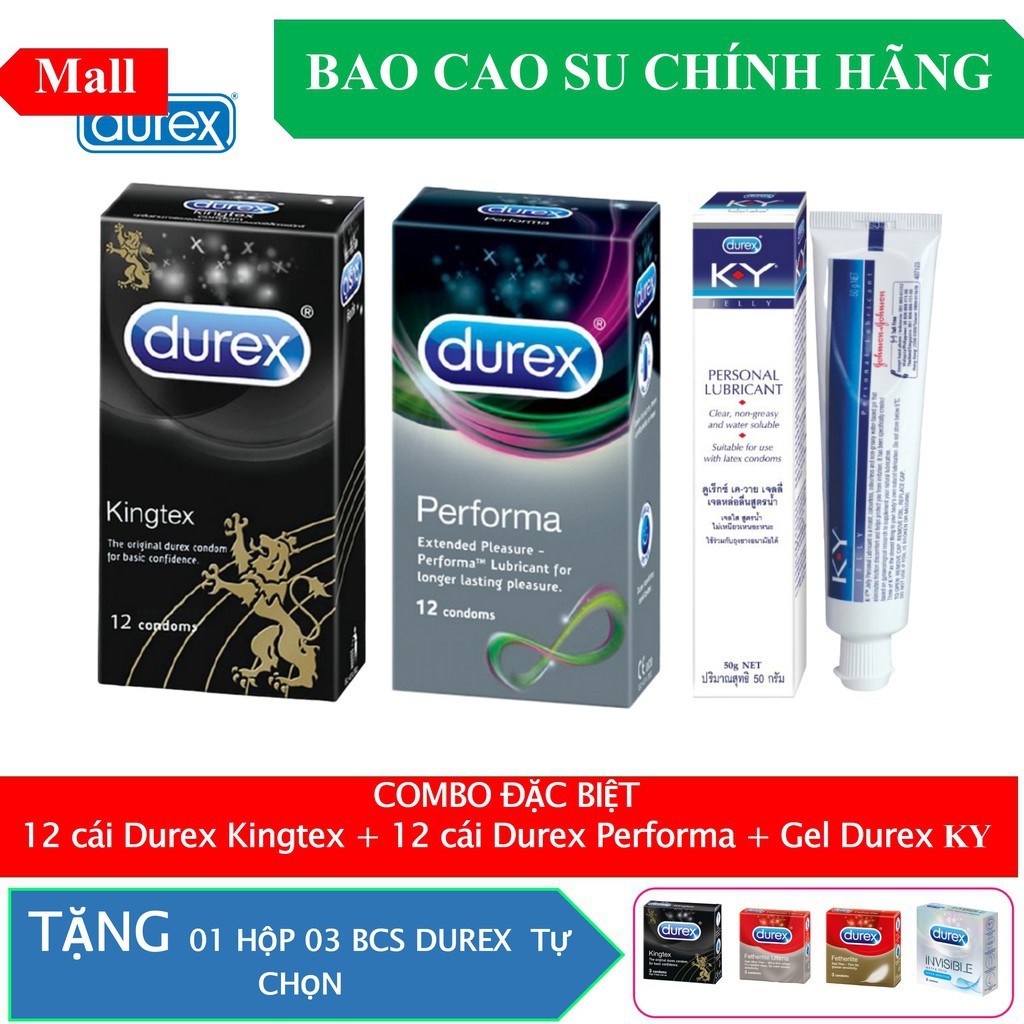 [COMBO ĐẶC BIỆT] Bao cao su Durex kéo dài thời gian Performa + siêu mỏng ôm khít Durex Kingtex + Gel bôi trơn Durex KY *