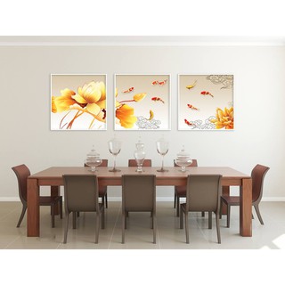 Tranh canvas kèm khung trang trí phòng khách, bộ 3 tranh sen vàng và cá chép - BT539