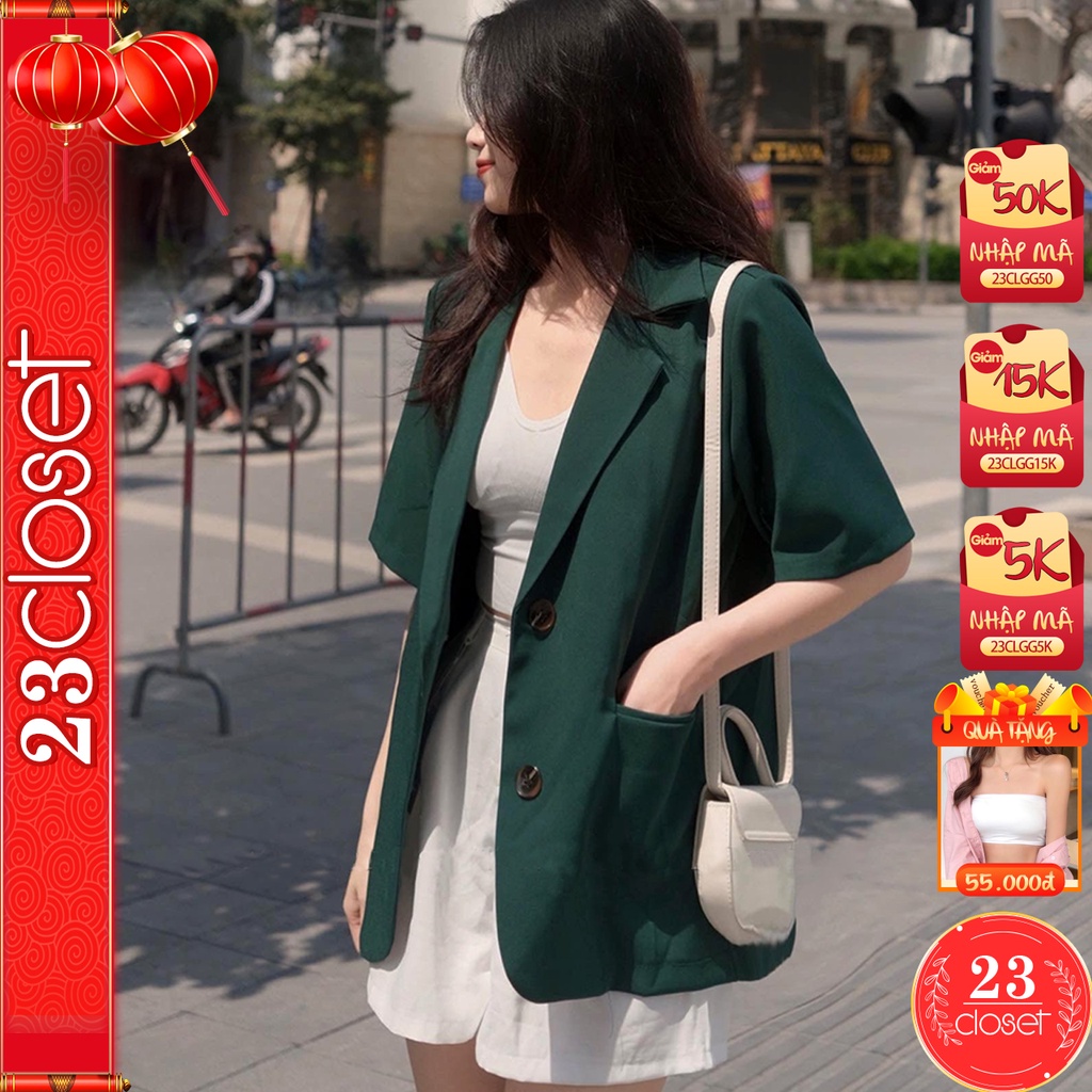 Áo blazer nữ ngắn tay 23CLOSET áo vest khoác ngoài tay ngắn đẹp dáng dài màu xanh lá form dưới 70kg mặc đẹp - AV001