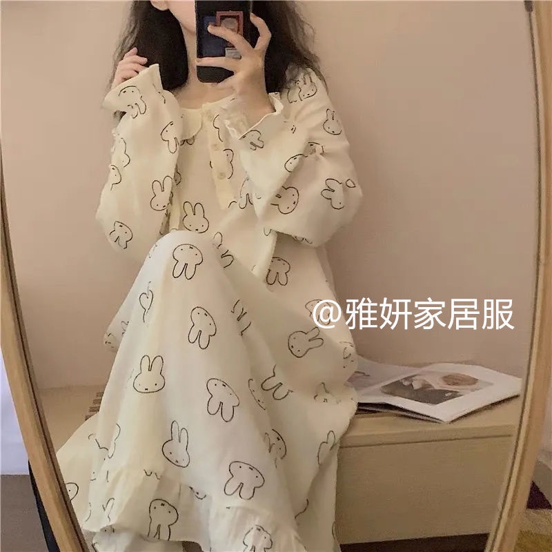 Đầm Ngủ Tay Dài In Hình Thỏ Dễ Thương Dành Cho Nữ