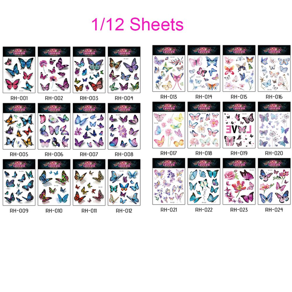 (Hàng Mới Về) Set 1 / 12 Tấm Hình Xăm Dán Tạm Thời Hình Bướm 3d Nhiều Màu Sắc Không Độc Hại Lâu Trôi An Toàn Cho Nữ
