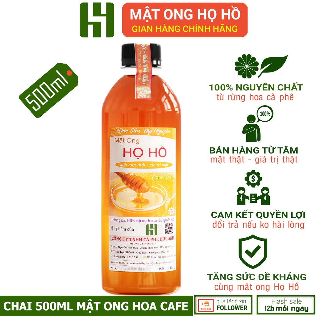 Mật ong hoa cafe nguyên chất 500ml - Mật Ong Họ Hồ mật ong thật, giá trị thật - Hút phấn rừng hoa cà phê Tây Nguyên