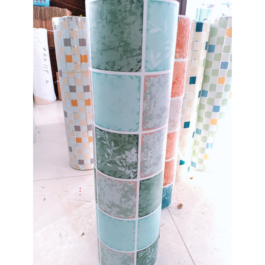 Decal dán bếp tráng nhôm cách nhiệt cổ điển xanh khổ 0.6m keo sẵn