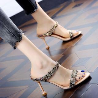 Giày Hợp Thời Trang Giày Sandal Cao Gót Dép Châu Âu Mỹ Gợi Cảm Kim Cương Giả Màu Sắc Phù Hợp Với Graffiti Flip-Flops 2021 Xuân Hè Mở Ngón Chân Giày Sandal Nữ Giày Cao Gót Giữa-