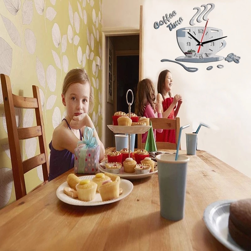 Đồng Hồ Dán Tường Mặt Gương Thiết Kế 3D Hình Tách Cà Phê Siêu Bền Độc Đáo Trang Trí Nhà Cửa DIY