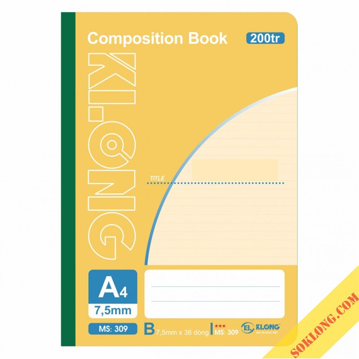 Vở A4 200 trang kẻ ngang may dán gáy Compostion Book KLong, cuốn tấp sổ Klong MS 309