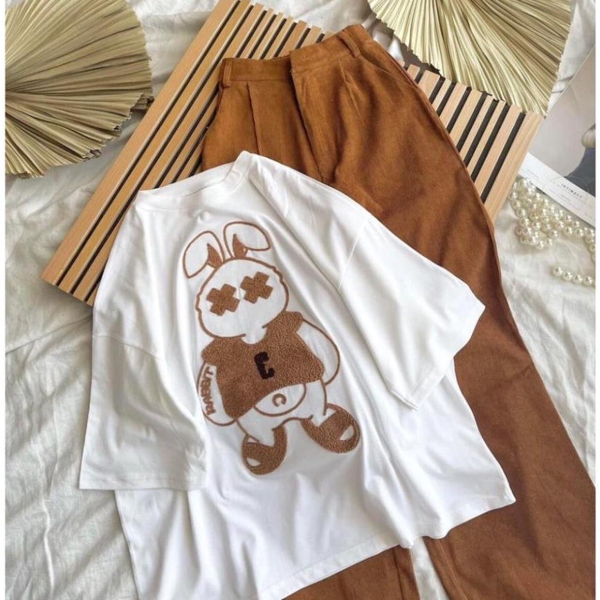 Đồ bộ nữ set áo thun hình gấu kèm quần dài form unisex form dáng rộng Hàn Quốc