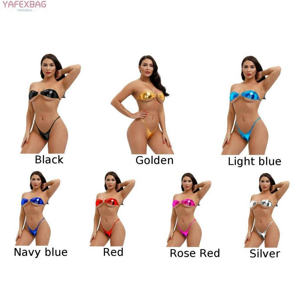 Women Bikini Set Sexy Off the Shoulder Bra Top G-String PU Patent Leather Underwear Lingerie One Size High Quality