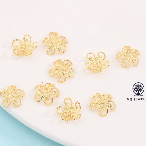 Charm bạc chụp hạt, bọc hạt họa tiết hoa 11mm - mạ vàng - NQ Jewelry