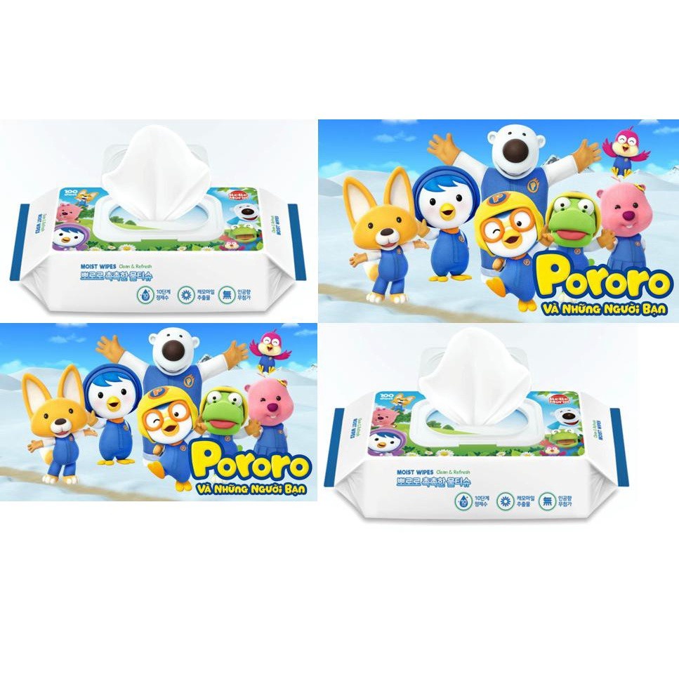 Khăn Uớt Dưỡng Ẩm Không Mùi Cho Da Nhạy Cảm, Cho Trẻ Sơ Sinh Và Trẻ Nhỏ Pororo Moist Wipes (100 miếng/ gói)