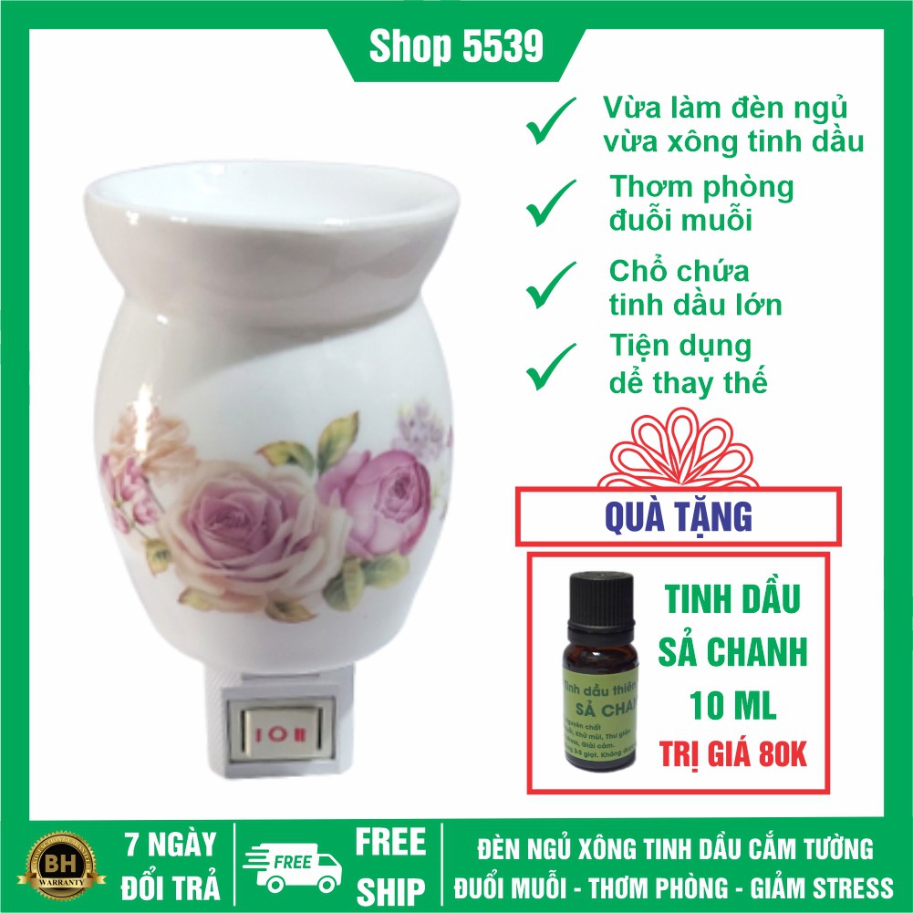 Đèn ngủ xông tinh dầu ⚡️ TẶNG TINH DẦU ⚡️ Đèn ngủ xông tinh dầu mini bằng sứ tặng kèm chai tinh dầu sả chanh 10 ml