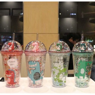 % 1 Đổi 1 - Freeship% Ly giữ nhiệt kim tuyến hình Khủng Long siêu cute,có ống hút