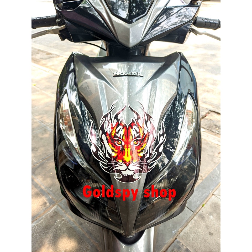Tem decal phản quang hổ lửa dán dè trước, dán mặt nạ, dán mũ bảo hiểm, dán thân đầu xe máy.