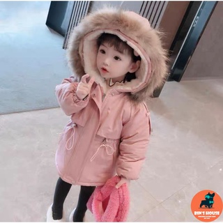 Áo khoác kaki bé gái lót lông liền mũ viền lông BINSHOUSE