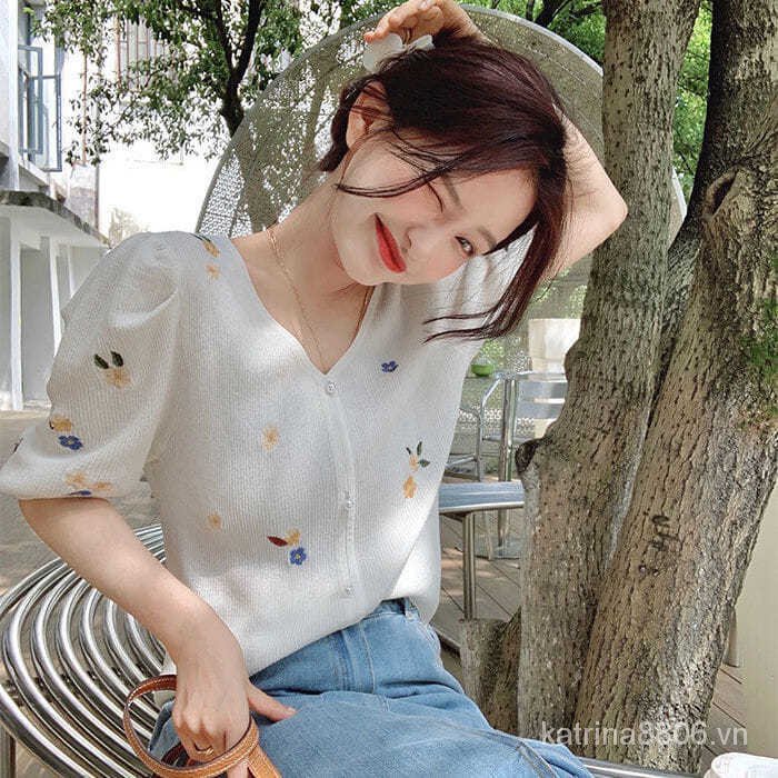 Áo cardigan dệt kim tay ngắn phồng nhiều màu sắc tùy chọn thêu họa tiết phong cách Hàn Quốc thời trang mùa hè cho nữ