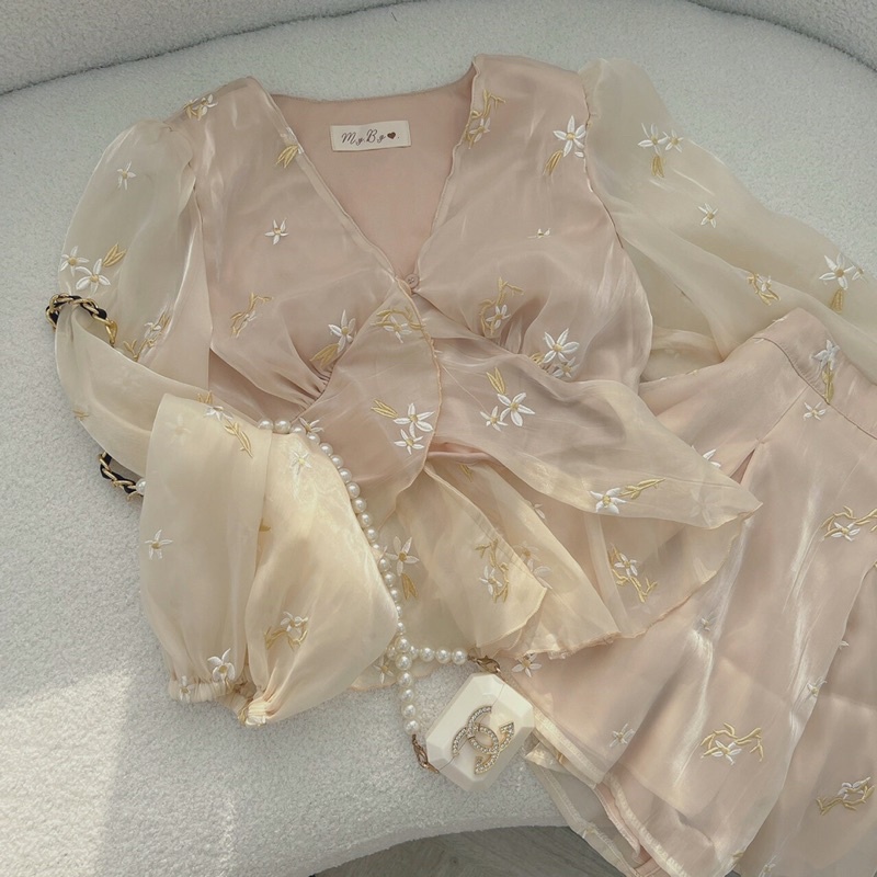 Set áo voan hoa nude+ chân váy voan