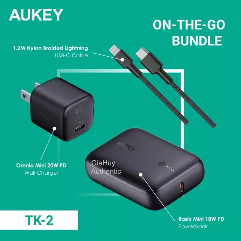 Combo 3 sản phẩm trọn bộ sạc nhanh cho iP12 Series, iP13 Series, iP11 Series, iP.ad-Pro 2017 AUKEY TK-2 On The Go Bundle